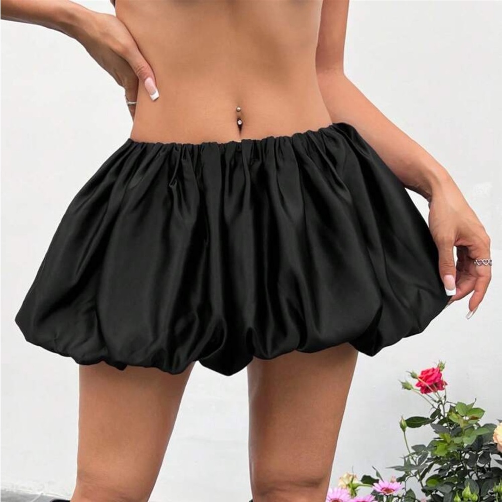 Black Satin Bubble Mini Skirt